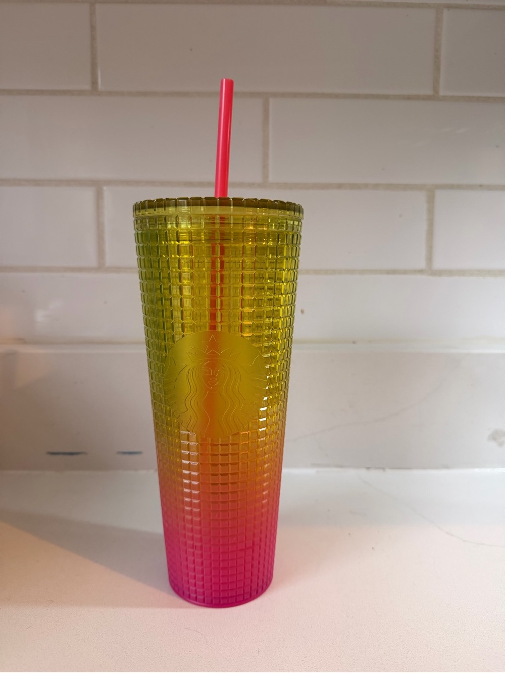 Starbucks Yellow to Pink Studded Reusable Tumbler with Pink Straw Summer 2022